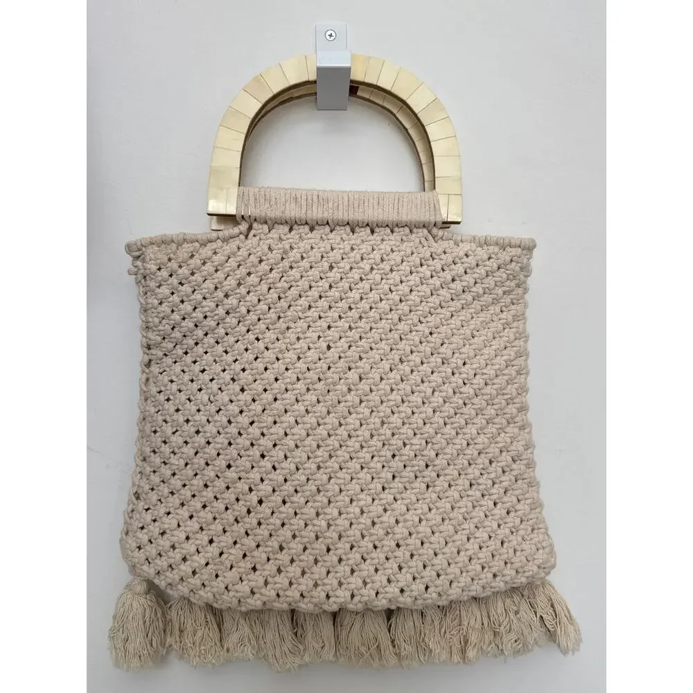 Cleobella 2010s Cream Macramé Cotton Tote Wooden Handle Boho Bag